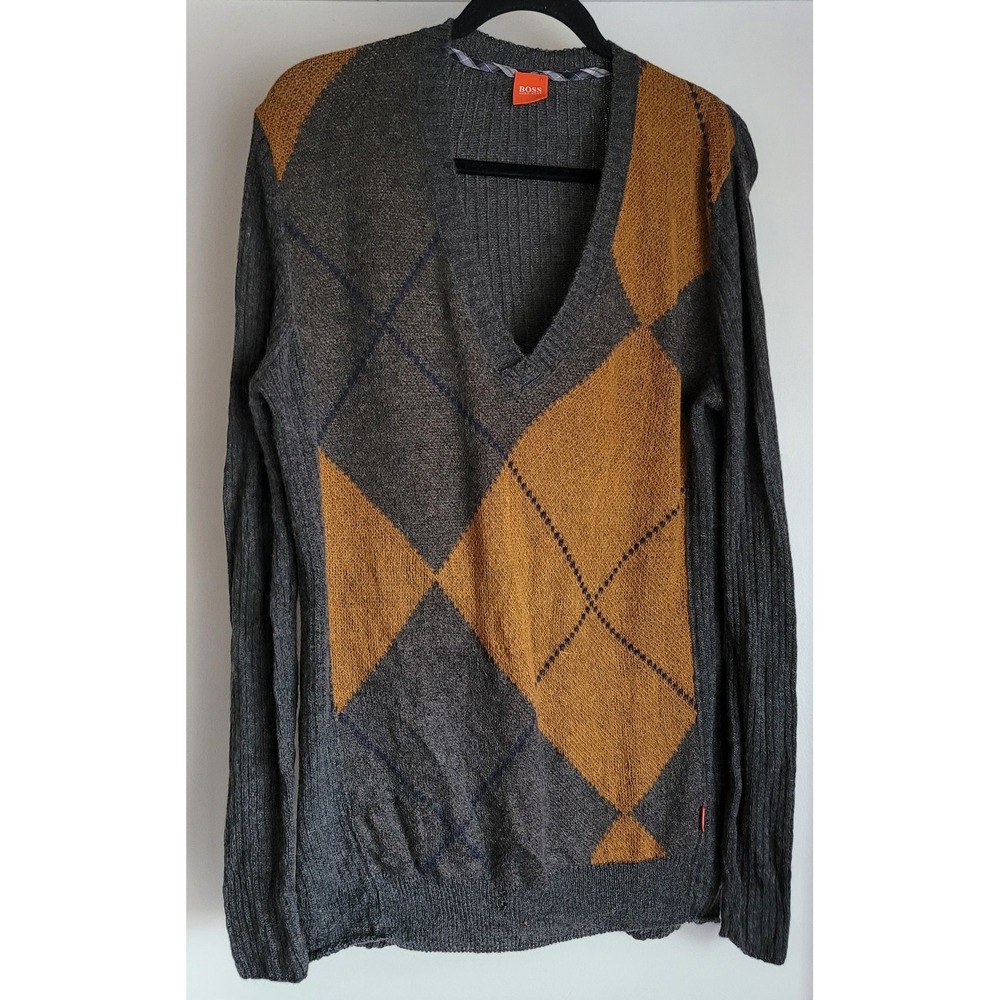 BOSS Mens Argyle Sweater L V-Neck Grey Mustard Mohair Pullover Knit Grandpacore